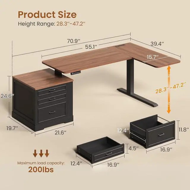 Alt view image 2 of 7 - Farmhouse L Shaped Electric Standing Desk, 70.9" x 39.4" Height Adjustable Office Executive Desk with 3 Drawers, Standing Computer Desks with Power Outlet for Home Office, Black Brown
