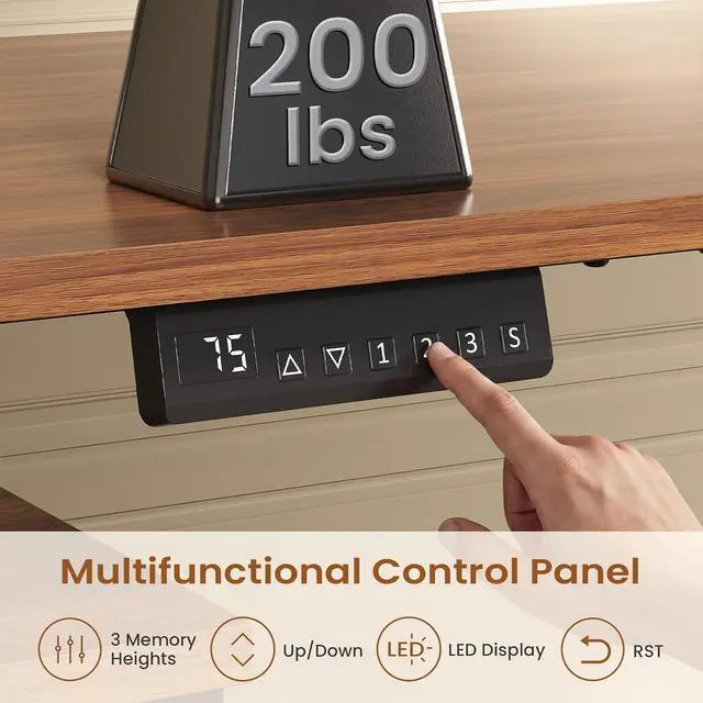 Alt view image 7 of 7 - Farmhouse L Shaped Electric Standing Desk, 70.9" x 39.4" Height Adjustable Office Executive Desk with 3 Drawers, Standing Computer Desks with Power Outlet for Home Office, Black Brown