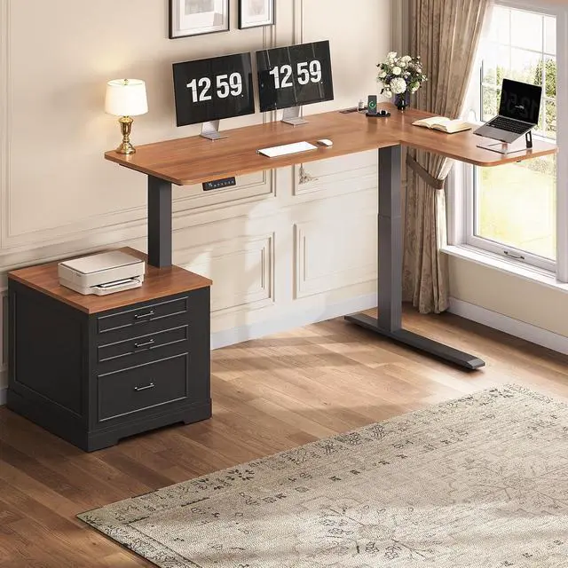 Alt view image 3 of 7 - Farmhouse L Shaped Electric Standing Desk, 70.9" x 39.4" Height Adjustable Office Executive Desk with 3 Drawers, Standing Computer Desks with Power Outlet for Home Office, Black Brown
