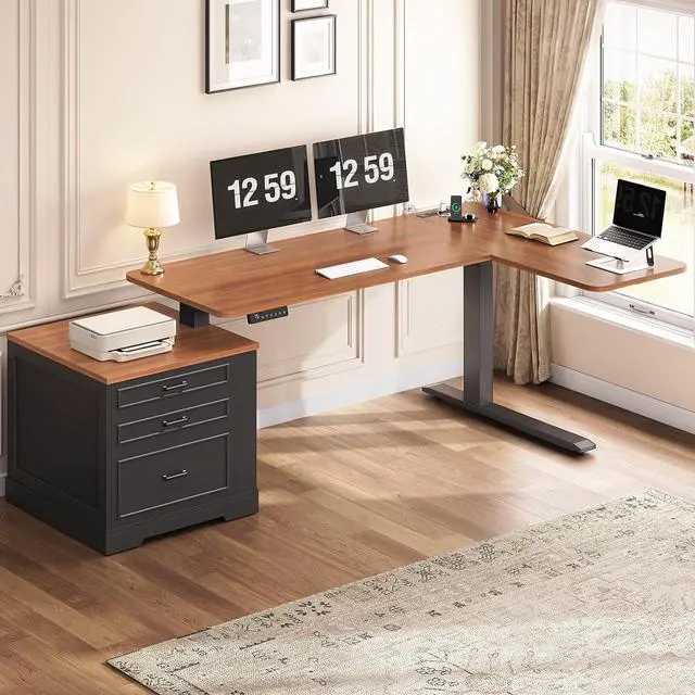 Main image of Farmhouse L Shaped Electric Standing Desk, 70.9" x 39.4" Height Adjustable Office Executive Desk with 3 Drawers, Standing Computer Desks with Power Outlet for Home Office, Black Brown
