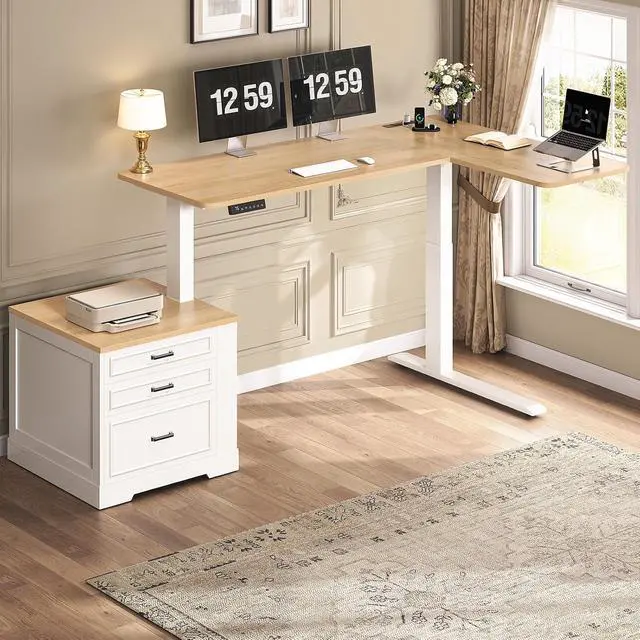 Alt view image 2 of 7 - Farmhouse L Shaped Electric Standing Desk, 70.9" x 39.4" Height Adjustable Office Executive Desk with 3 Drawers, Standing Computer Desks with Power Outlet for Home Office, Oak
