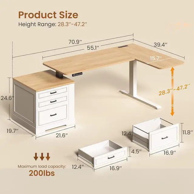 Alt view image 3 of 7 - Farmhouse L Shaped Electric Standing Desk, 70.9" x 39.4" Height Adjustable Office Executive Desk with 3 Drawers, Standing Computer Desks with Power Outlet for Home Office, Oak