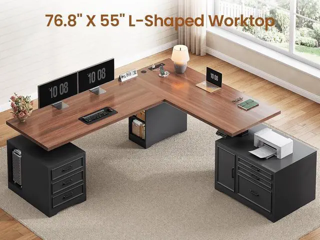 Alt view image 6 of 7 - Farmhouse L Shaped Electric Standing Desk with File Cabinet, 77 x 55'' Height Adjustable Home Office Computer Desk with 6 Drawers, Power Outlet, Sit Stand Desk, Black Brown