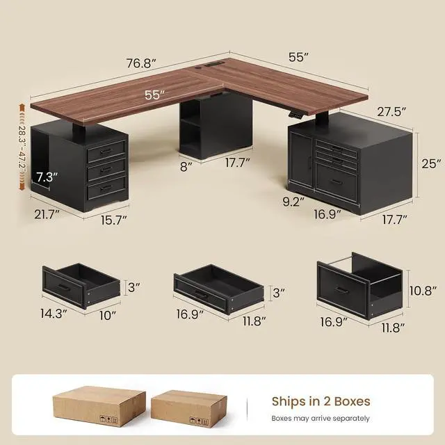 Alt view image 3 of 7 - Farmhouse L Shaped Electric Standing Desk with File Cabinet, 77 x 55'' Height Adjustable Home Office Computer Desk with 6 Drawers, Power Outlet, Sit Stand Desk, Black Brown