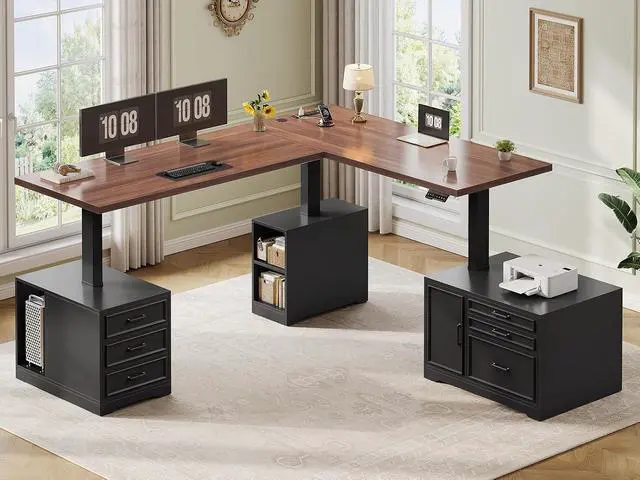 Alt view image 2 of 7 - Farmhouse L Shaped Electric Standing Desk with File Cabinet, 77 x 55'' Height Adjustable Home Office Computer Desk with 6 Drawers, Power Outlet, Sit Stand Desk, Black Brown