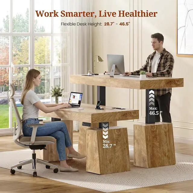 Alt view image 4 of 7 - 55 in Executive Standing Desk, Modern Electric Height Adjustable Desk with Drawer, Storage Cabinet, Shelves, Power Outlet, Wood Sit Stand up Computer Desks for Home Office, Oak