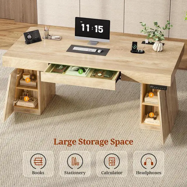 Alt view image 6 of 7 - 55 in Executive Standing Desk, Modern Electric Height Adjustable Desk with Drawer, Storage Cabinet, Shelves, Power Outlet, Wood Sit Stand up Computer Desks for Home Office, Oak
