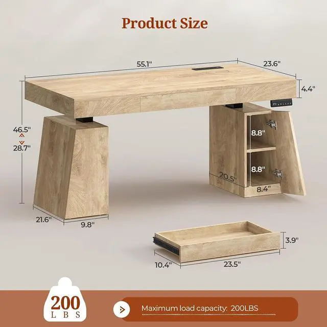 Alt view image 2 of 7 - 55 in Executive Standing Desk, Modern Electric Height Adjustable Desk with Drawer, Storage Cabinet, Shelves, Power Outlet, Wood Sit Stand up Computer Desks for Home Office, Oak