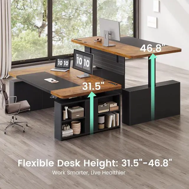 Alt view image 7 of 7 - 63" Executive Standing Desk with Storage, Executive Height Adjustable Desk with Power Outlets, Large Computer Office Desk with Privacy Panel for Home Office, Black Brown