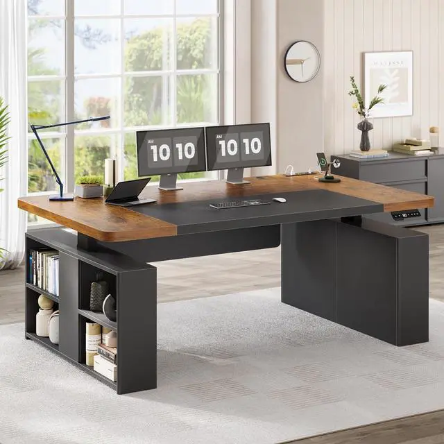 Main image of 63" Executive Standing Desk with Storage, Executive Height Adjustable Desk with Power Outlets, Large Computer Office Desk with Privacy Panel for Home Office, Black Brown