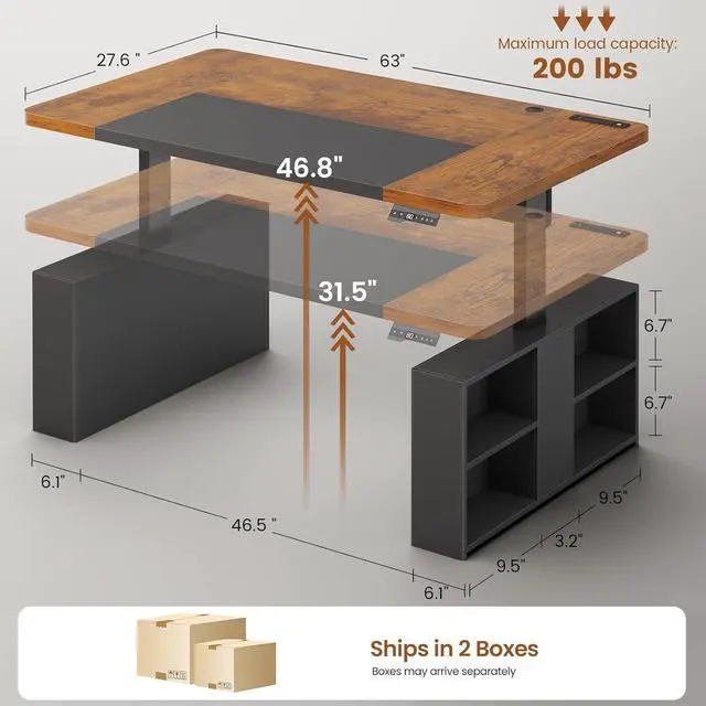 Alt view image 2 of 7 - 63" Executive Standing Desk with Storage, Executive Height Adjustable Desk with Power Outlets, Large Computer Office Desk with Privacy Panel for Home Office, Black Brown