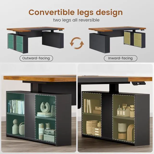 Alt view image 5 of 7 - 63" Executive Standing Desk with Storage, Executive Height Adjustable Desk with Power Outlets, Large Computer Office Desk with Privacy Panel for Home Office, Black Brown