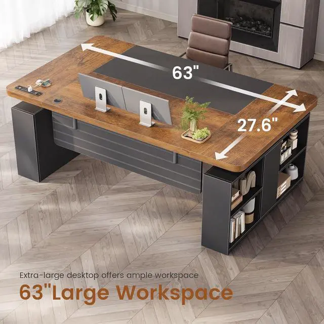 Alt view image 4 of 7 - 63" Executive Standing Desk with Storage, Executive Height Adjustable Desk with Power Outlets, Large Computer Office Desk with Privacy Panel for Home Office, Black Brown
