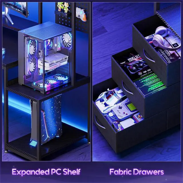 Alt view image 5 of 7 - 67 Inch Gaming Desk with Display Shelves, 3 Drawers, LED Lights, Hutch Large Computer Desk with Pegboard & PC Shelf & Storage Shelves, Reversible Office Desk for Home, Carbon Fiber Black