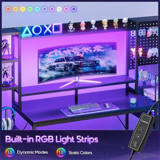Alt view image 4 of 7 - 67 Inch Gaming Desk with Display Shelves, 3 Drawers, LED Lights, Hutch Large Computer Desk with Pegboard & PC Shelf & Storage Shelves, Reversible Office Desk for Home, Carbon Fiber Black