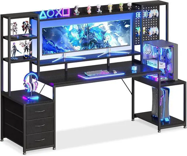 Main image of 76 Inch Gaming Desk with Storage Shelves, LED Lights, 3 Drawers, PC Desk with Hutch & Pegboard & Large Desktop, Reversible Computer Desk for Home Office, Carbon Fiber Black