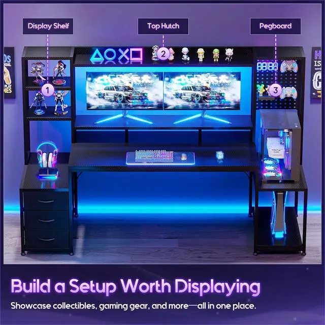 Alt view image 3 of 7 - 67 Inch Gaming Desk with Display Shelves, 3 Drawers, LED Lights, Hutch Large Computer Desk with Pegboard & PC Shelf & Storage Shelves, Reversible Office Desk for Home, Carbon Fiber Black