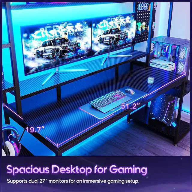 Alt view image 6 of 7 - 67 Inch Gaming Desk with Display Shelves, 3 Drawers, LED Lights, Hutch Large Computer Desk with Pegboard & PC Shelf & Storage Shelves, Reversible Office Desk for Home, Carbon Fiber Black