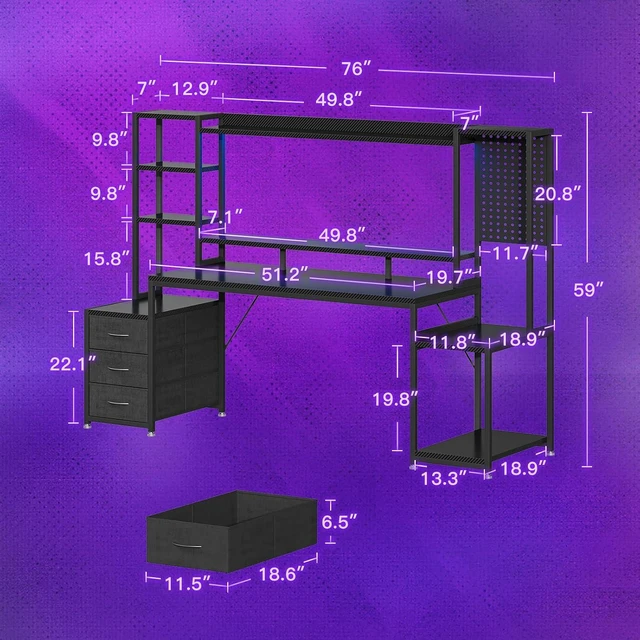 Alt view image 6 of 7 - 76 Inch Gaming Desk with Storage Shelves, LED Lights, 3 Drawers, PC Desk with Hutch & Pegboard & Large Desktop, Reversible Computer Desk for Home Office, Carbon Fiber Black