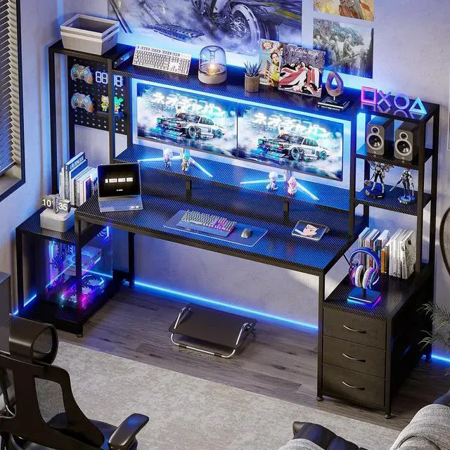 Alt view image 7 of 7 - 67 Inch Gaming Desk with Display Shelves, 3 Drawers, LED Lights, Hutch Large Computer Desk with Pegboard & PC Shelf & Storage Shelves, Reversible Office Desk for Home, Carbon Fiber Black