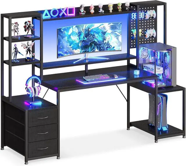 Main image of 67 Inch Gaming Desk with Display Shelves, 3 Drawers, LED Lights, Hutch Large Computer Desk with Pegboard & PC Shelf & Storage Shelves, Reversible Office Desk for Home, Carbon Fiber Black