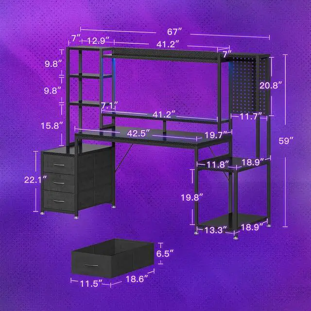 Alt view image 2 of 7 - 67 Inch Gaming Desk with Display Shelves, 3 Drawers, LED Lights, Hutch Large Computer Desk with Pegboard & PC Shelf & Storage Shelves, Reversible Office Desk for Home, Carbon Fiber Black