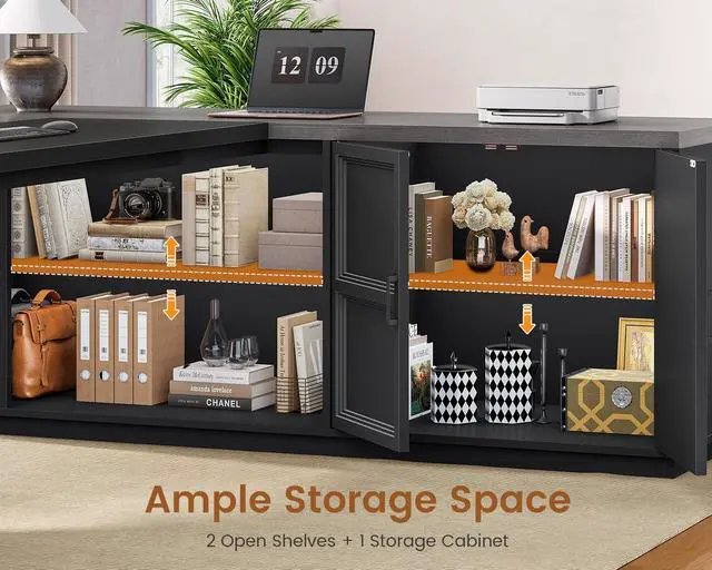 Alt view image 3 of 7 - 78.7" L Shaped Executive Desk with Charging Station, Large Home Office Computer Desk with File Drawers & Adjustable Storage Cabinet, CPU Stand, Modern L Desk for Business, Black Grey