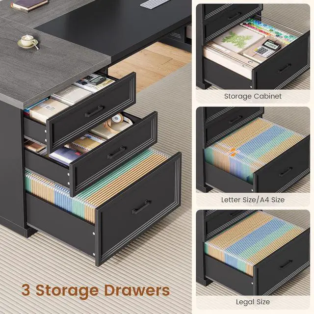 Alt view image 6 of 7 - 78.7" L Shaped Executive Desk with Charging Station, Large Home Office Computer Desk with File Drawers & Adjustable Storage Cabinet, CPU Stand, Modern L Desk for Business, Black Grey