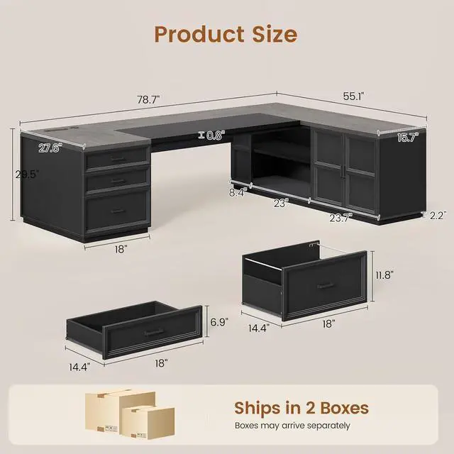 Alt view image 2 of 7 - 78.7" L Shaped Executive Desk with Charging Station, Large Home Office Computer Desk with File Drawers & Adjustable Storage Cabinet, CPU Stand, Modern L Desk for Business, Black Grey