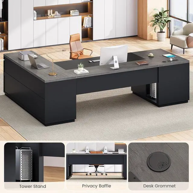 Alt view image 7 of 7 - 78.7" L Shaped Executive Desk with Charging Station, Large Home Office Computer Desk with File Drawers & Adjustable Storage Cabinet, CPU Stand, Modern L Desk for Business, Black Grey