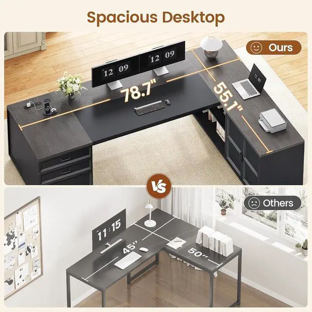 Alt view image 4 of 7 - 78.7" L Shaped Executive Desk with Charging Station, Large Home Office Computer Desk with File Drawers & Adjustable Storage Cabinet, CPU Stand, Modern L Desk for Business, Black Grey
