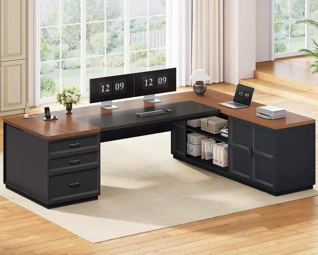 Main image of 78.7" L Shaped Executive Desk with Charging Station, Large Home Office Computer Desk with File Drawers & Adjustable Storage Cabinet, CPU Stand, Modern L Desk for Business, Black Brown