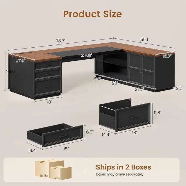 Alt view image 2 of 7 - 78.7" L Shaped Executive Desk with Charging Station, Large Home Office Computer Desk with File Drawers & Adjustable Storage Cabinet, CPU Stand, Modern L Desk for Business, Black Brown