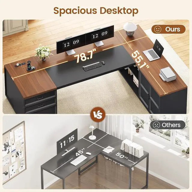 Alt view image 5 of 7 - 78.7" L Shaped Executive Desk with Charging Station, Large Home Office Computer Desk with File Drawers & Adjustable Storage Cabinet, CPU Stand, Modern L Desk for Business, Black Brown