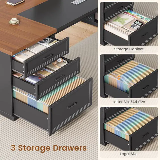 Alt view image 3 of 7 - 78.7" L Shaped Executive Desk with Charging Station, Large Home Office Computer Desk with File Drawers & Adjustable Storage Cabinet, CPU Stand, Modern L Desk for Business, Black Brown