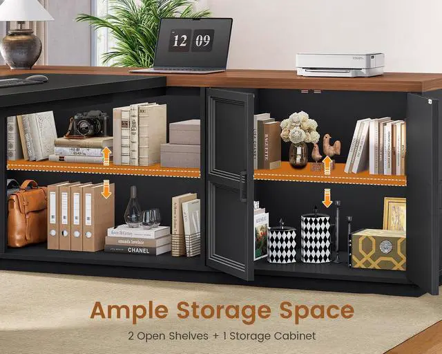 Alt view image 6 of 7 - 78.7" L Shaped Executive Desk with Charging Station, Large Home Office Computer Desk with File Drawers & Adjustable Storage Cabinet, CPU Stand, Modern L Desk for Business, Black Brown