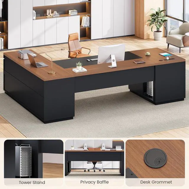 Alt view image 7 of 7 - 78.7" L Shaped Executive Desk with Charging Station, Large Home Office Computer Desk with File Drawers & Adjustable Storage Cabinet, CPU Stand, Modern L Desk for Business, Black Brown