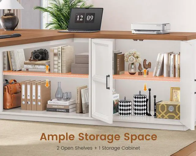 Alt view image 6 of 7 - 78.7" L Shaped Executive Desk with Charging Station, Large Home Office Computer Desk with File Drawers & Adjustable Storage Cabinet, CPU Stand, Modern L Desk for Business, White Brown