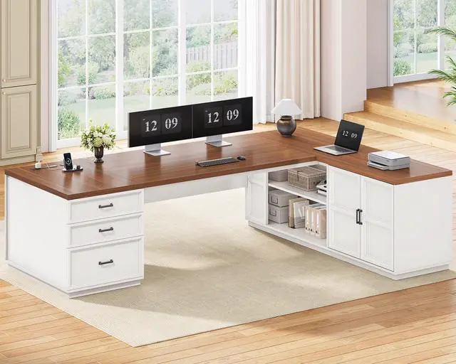 Main image of 78.7" L Shaped Executive Desk with Charging Station, Large Home Office Computer Desk with File Drawers & Adjustable Storage Cabinet, CPU Stand, Modern L Desk for Business, White Brown