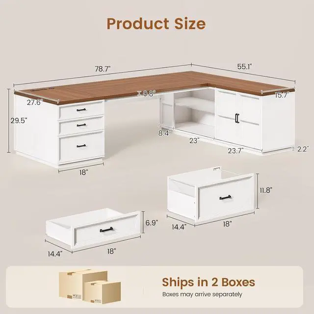 Alt view image 2 of 7 - 78.7" L Shaped Executive Desk with Charging Station, Large Home Office Computer Desk with File Drawers & Adjustable Storage Cabinet, CPU Stand, Modern L Desk for Business, White Brown