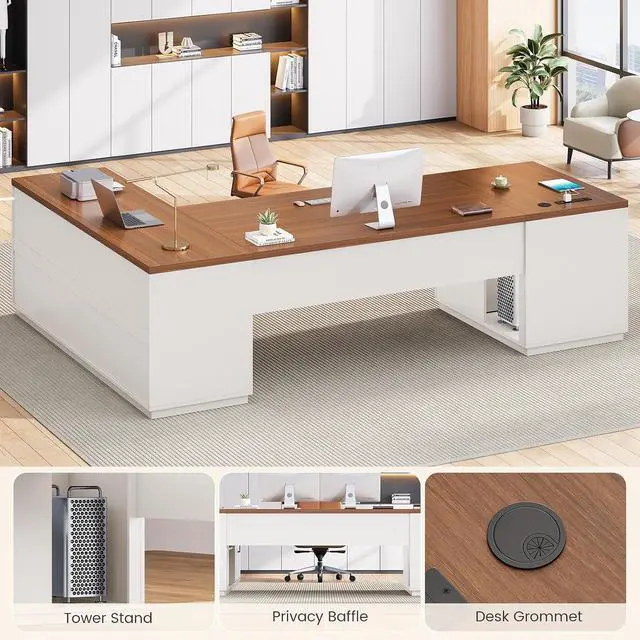 Alt view image 5 of 7 - 78.7" L Shaped Executive Desk with Charging Station, Large Home Office Computer Desk with File Drawers & Adjustable Storage Cabinet, CPU Stand, Modern L Desk for Business, White Brown