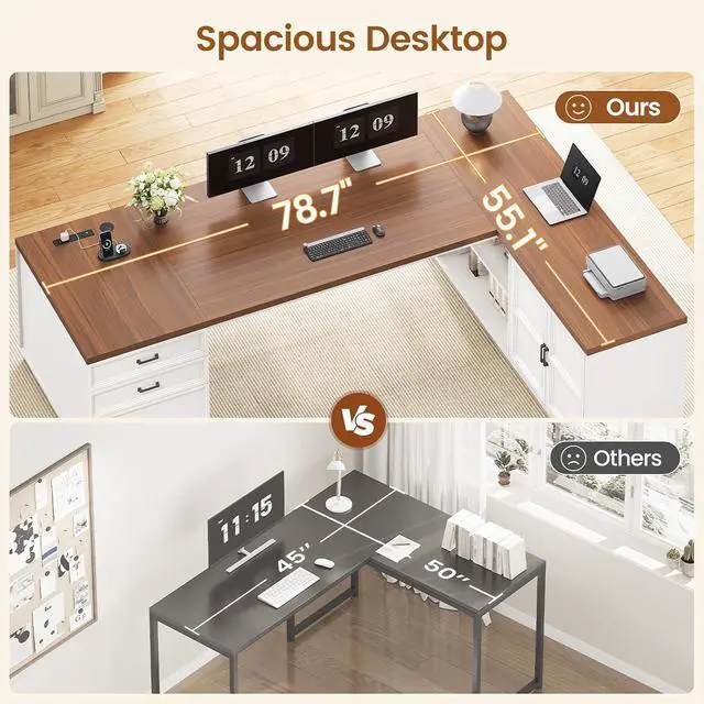 Alt view image 3 of 7 - 78.7" L Shaped Executive Desk with Charging Station, Large Home Office Computer Desk with File Drawers & Adjustable Storage Cabinet, CPU Stand, Modern L Desk for Business, White Brown