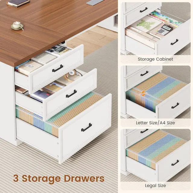 Alt view image 4 of 7 - 78.7" L Shaped Executive Desk with Charging Station, Large Home Office Computer Desk with File Drawers & Adjustable Storage Cabinet, CPU Stand, Modern L Desk for Business, White Brown