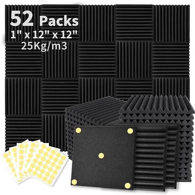 Main image of 52 Pack Acoustic Foam Panels 1" x 12" x 12" Sound Proof Foam Panles Soundproofing Noise Cancelling Wedge Panels for Home Office Recoding Studio with 300PCS Double-Side Adhesive