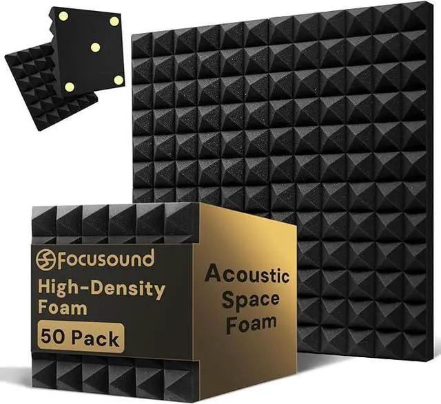 Main image of Acoustic Panels 50 Pack 2"x12"x12" with 300 PCS Double-Side Adhesive - Sound Proof Pyramid Foam for Walls, Home Studio Noise Absorption & Echo Control Kit