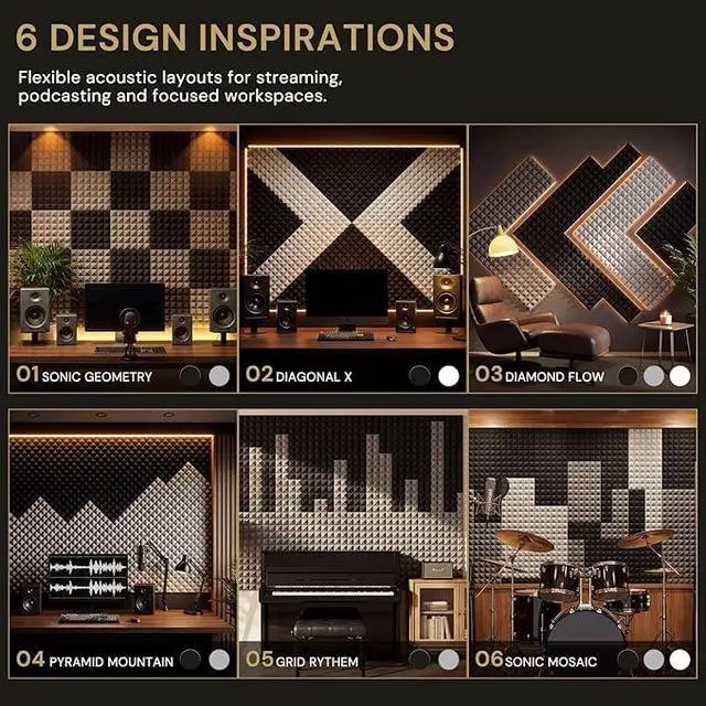 Alt view image 6 of 7 - Acoustic Panels 50 Pack 2"x12"x12" with 300 PCS Double-Side Adhesive - Sound Proof Pyramid Foam for Walls, Home Studio Noise Absorption & Echo Control Kit