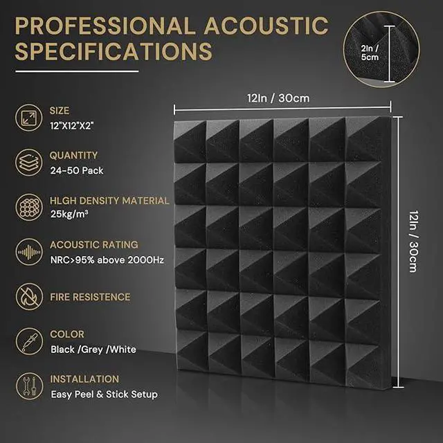 Alt view image 2 of 7 - Acoustic Panels 50 Pack 2"x12"x12" with 300 PCS Double-Side Adhesive - Sound Proof Pyramid Foam for Walls, Home Studio Noise Absorption & Echo Control Kit