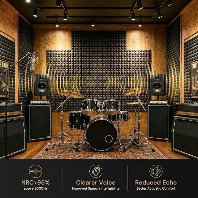 Alt view image 3 of 7 - Acoustic Panels 50 Pack 2"x12"x12" with 300 PCS Double-Side Adhesive - Sound Proof Pyramid Foam for Walls, Home Studio Noise Absorption & Echo Control Kit