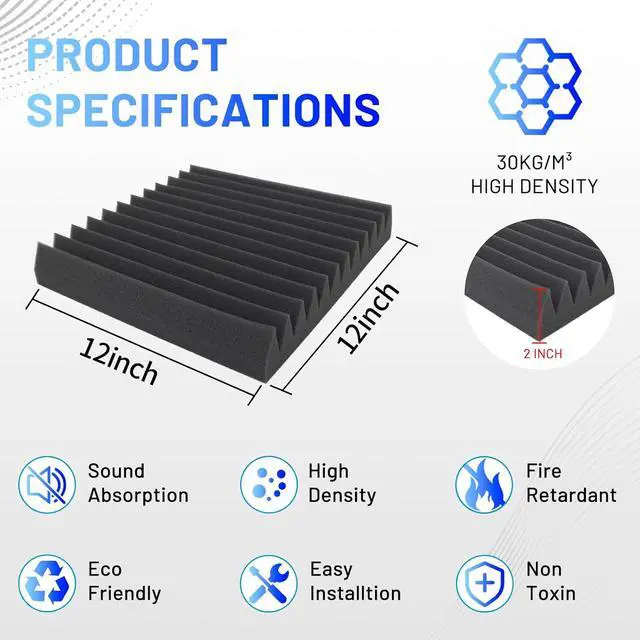 Alt view image 7 of 7 - 36 Pack Sound Proof Foam Panels, 2" x 12" x 12" Acoustic Foam Panels With Self-Adhesive, High Density Soundproofing Wedge Panels for Studio Office Game Room