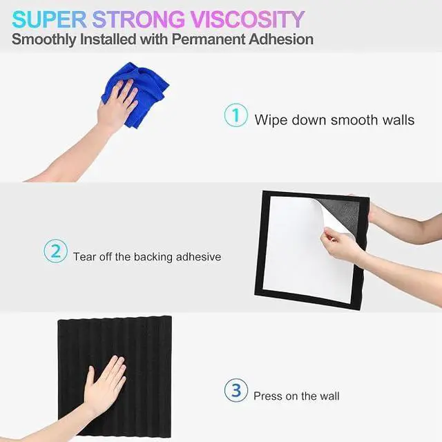 Alt view image 5 of 6 - Acoustic Foam Panels, 48 Pack 12x12x1 Inch Upgraded Self-Adhesive Soundproof Wall Panels Sound Absorbing Panel Treatment for Home Office Studio - Black
1" X 12" X 12", Black, Wedges, NRC>0.8, High Den